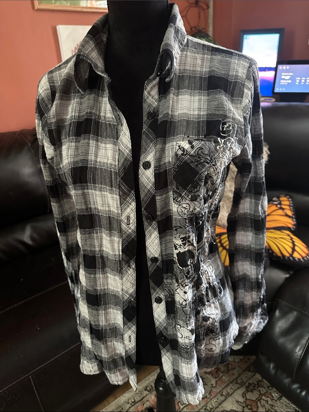 Fleurish Black & White Plaid Button-Up Shirt Jacket with Embroidered Graphic